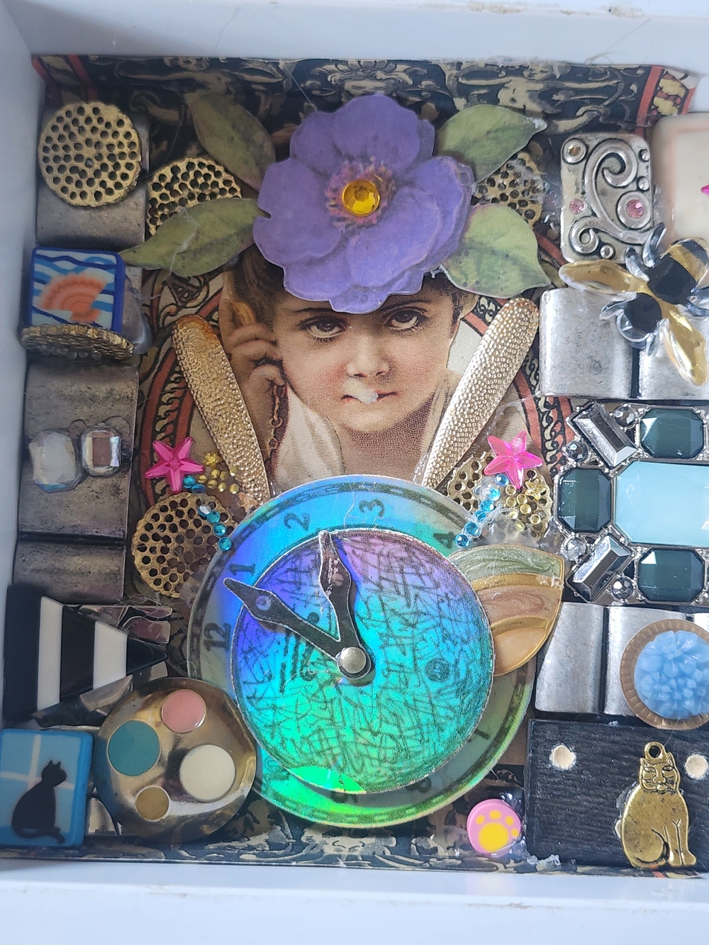 Unique OOAK Handmade Mixed Media Shadow Box Art – Vintage Inspired Whimsical Cat
